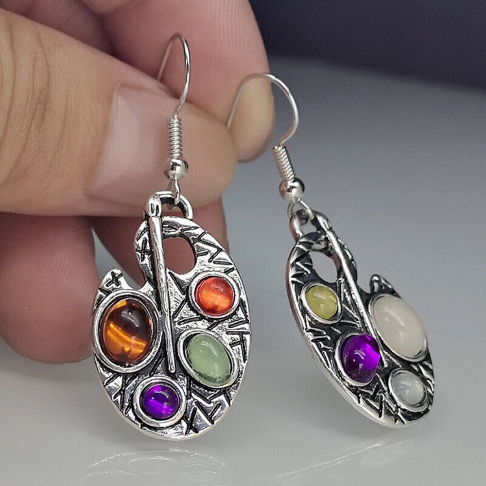 Colorful‎ Jewel Gemstone Artist Palette Earrings, Beautiful Gift, Asymmetrical